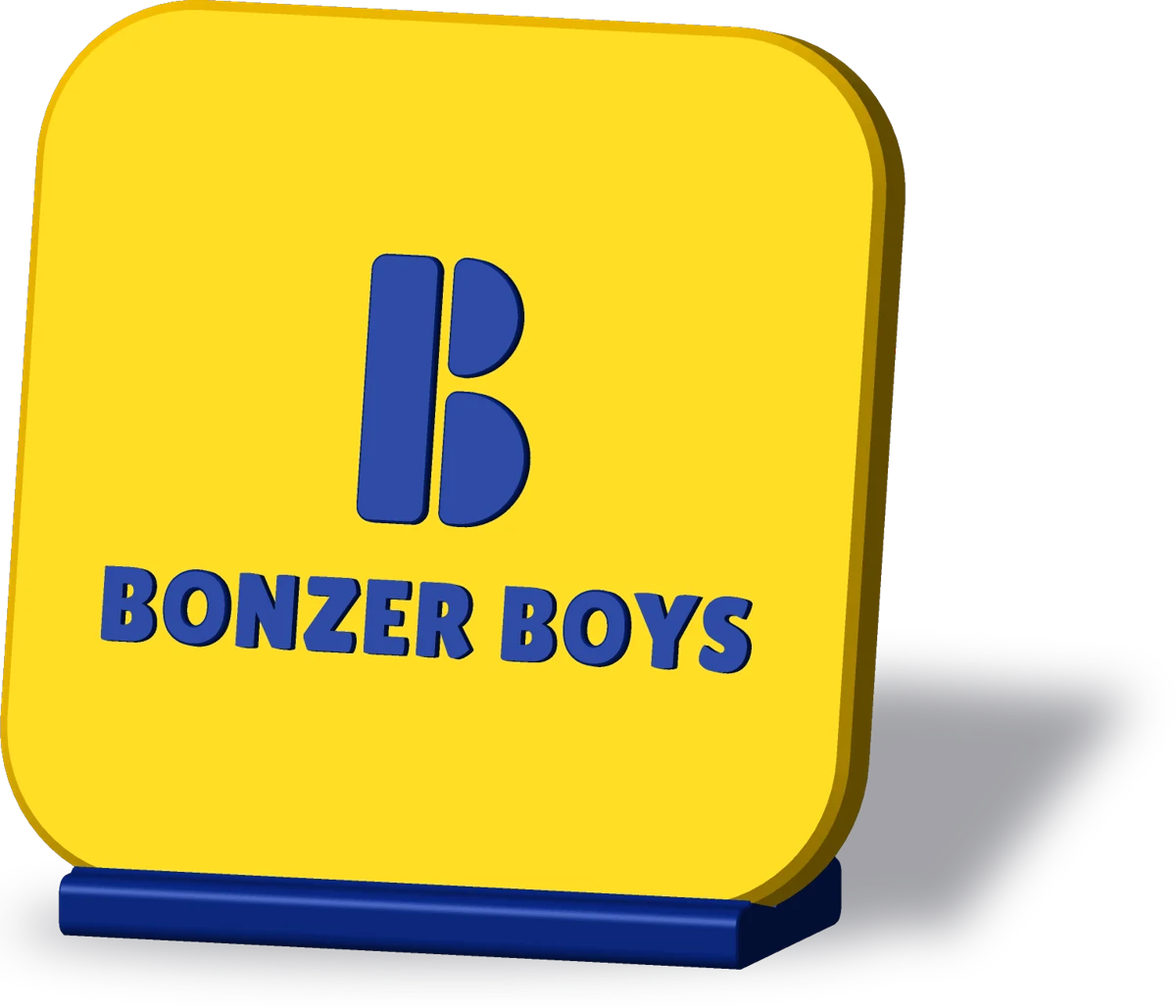 Desk Icon with the Bonzer Boys B and BONZER BOYS in deep blue on a sunshine-yellow tile, on a deep-blue stand
