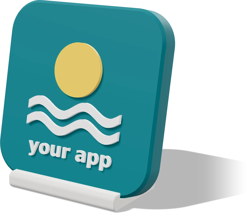 Mini Icon with a made-up teal app icon showing a sun over waves