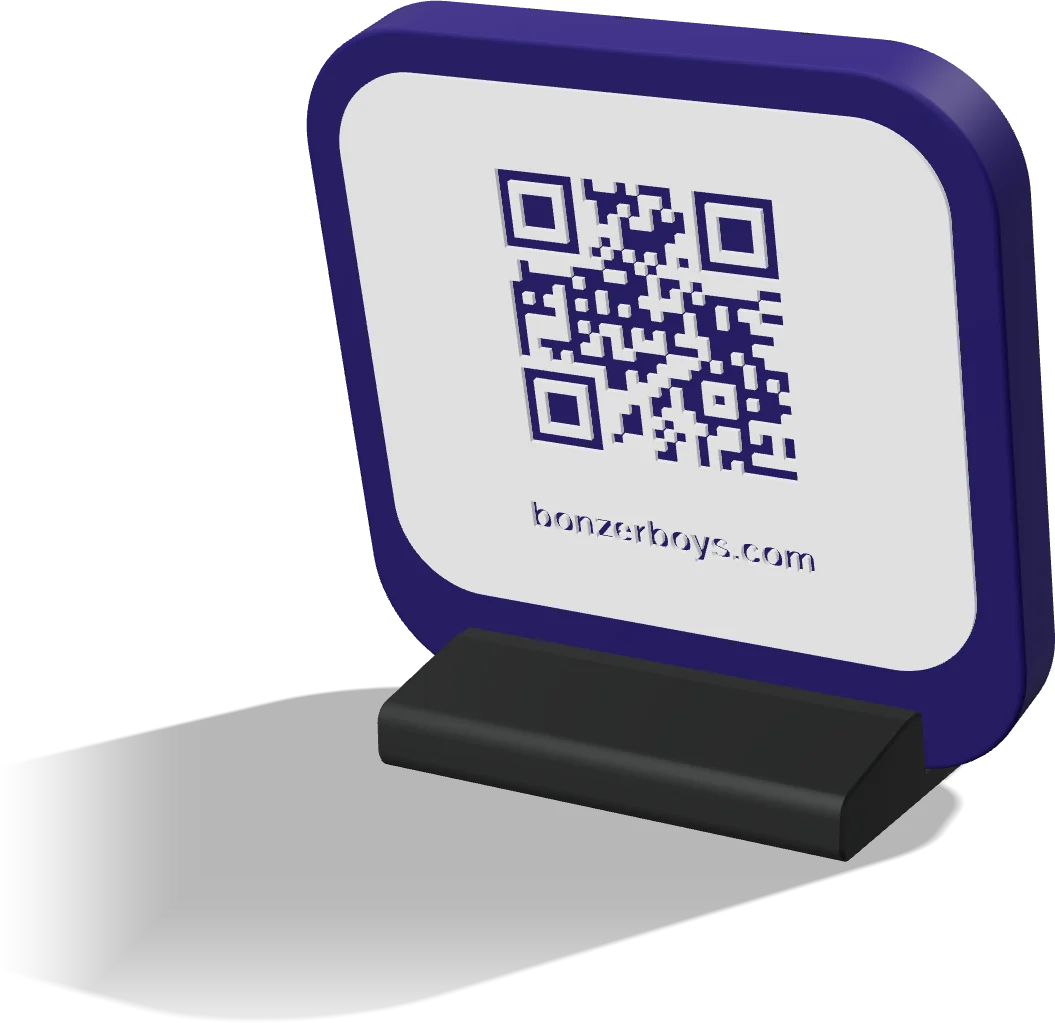 The back of a Mini Icon with a QR code and web address